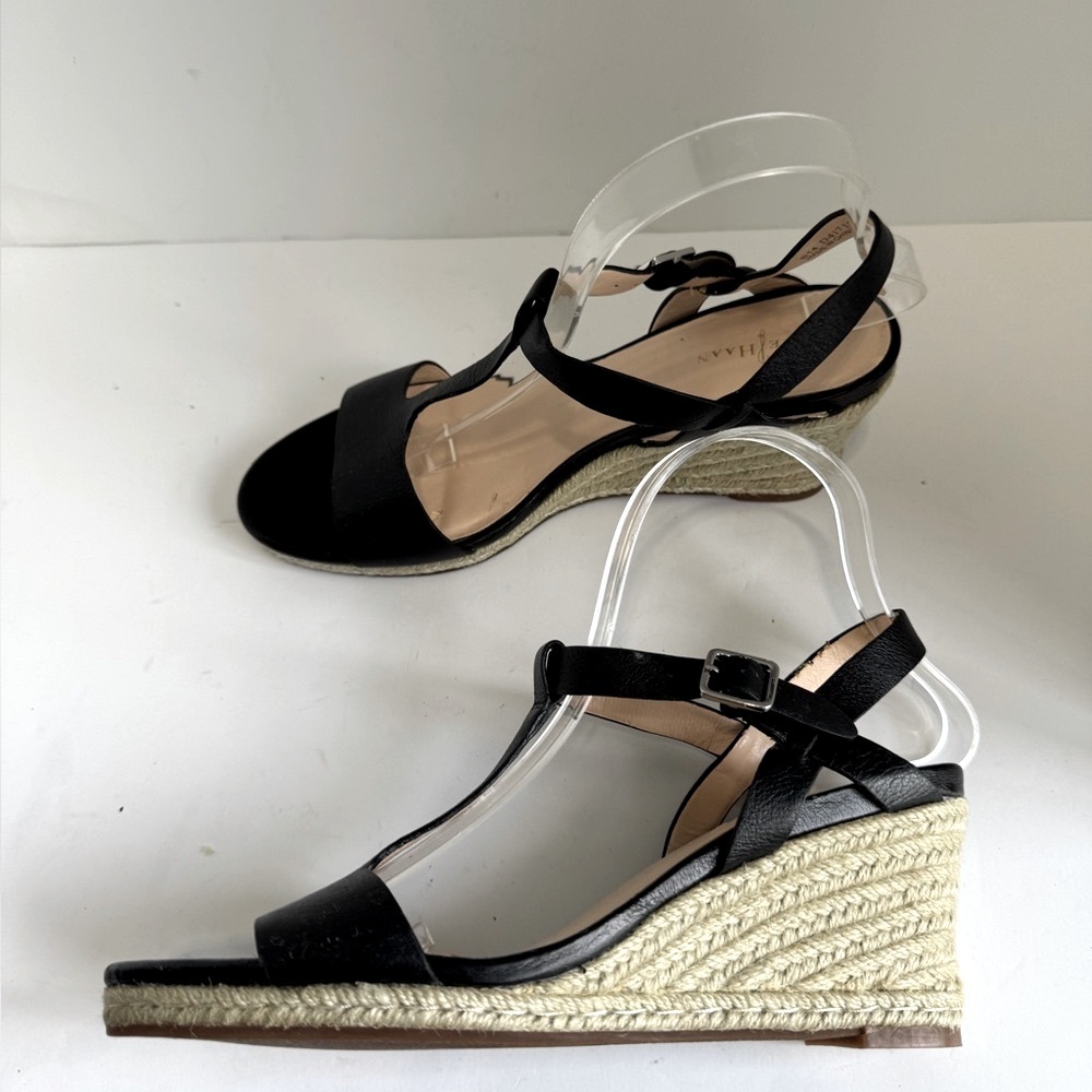 Cole Haan Elizabeth Wedge Sandal Black Leather T-Strap Espadrille Size 8 - Picture 6 of 16